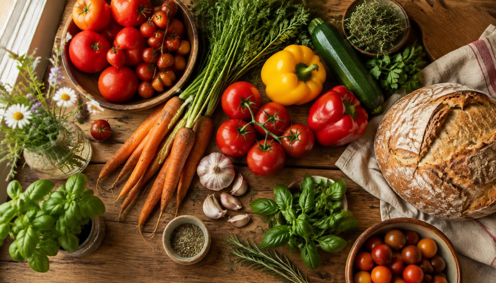 Fresh vegetables and homemade bread on a wooden table